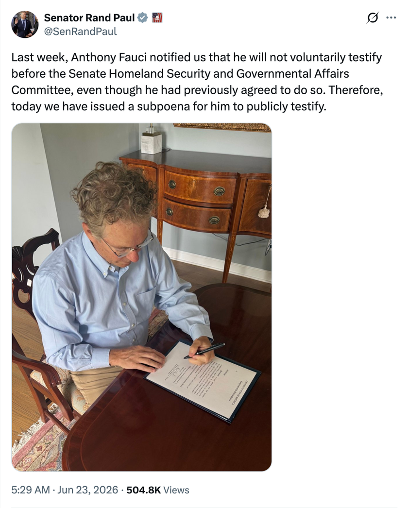 Rand Paul issues subpoena for Anthony Fauci, June 23, 2026